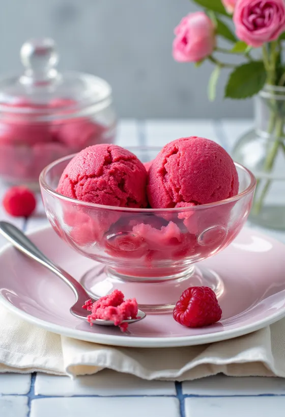 Punainen marjasorbetti tuoreilla vadelmilla