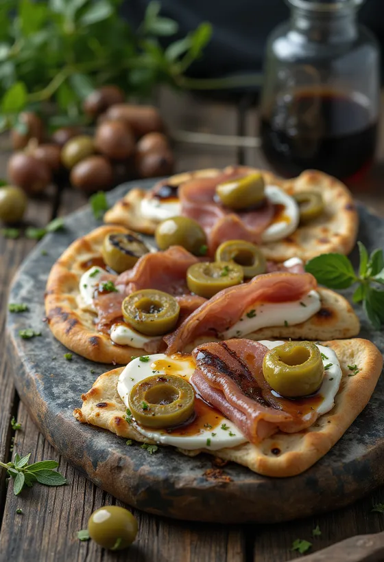 Piadina kinkulla ja vihreillä oliiveilla tarjoiltuna