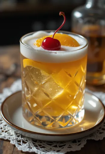 Whisky Sour -cocktail appelsiiniviipaleella ja cocktailkirsikalla koristeltuna
