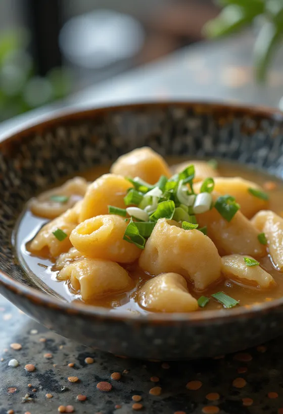 Perinteinen Sujebi, korealainen nuudelikeitto, purjosipulilla ja valkosipulilla