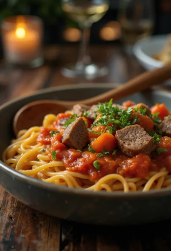 Lagman tomaattikastikkeella, vihanneksilla ja tuoreella persiljalla tarjoiltuna