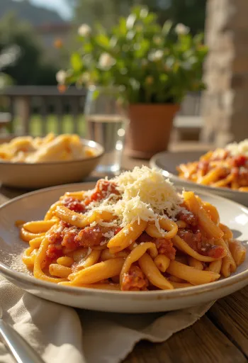 Munakoisopasta mehevällä tomaattikastikkeella ja tuoreella basilikalla tarjoiltuna