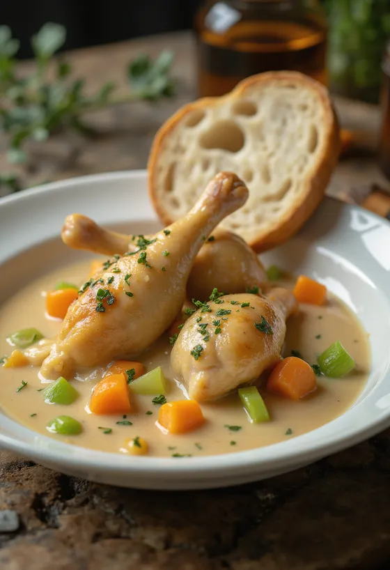 Haudutettu kana vihanneskastikkeessa, tuoreella persiljalla tarjoiltuna