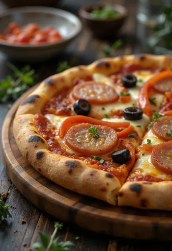 Tuoreeltaan paistettu mausteinen makkarapizza