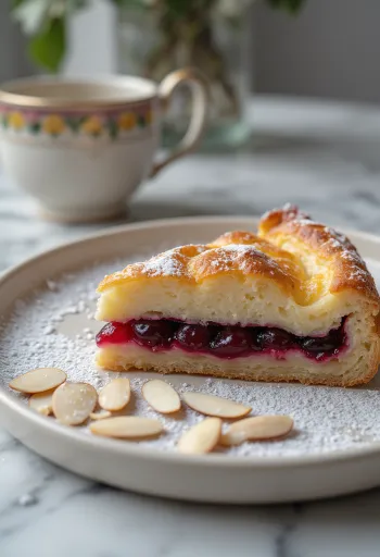 Bakewell tart kirsikkahillolla, mantelisella taikinalla, kullanruskeaksi paistettu piirakka