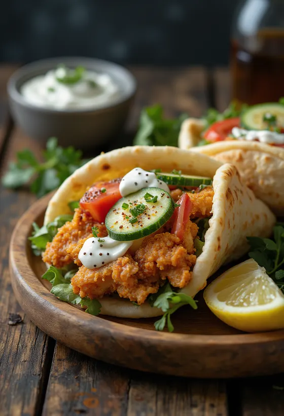 Kanagyros tuoreilla vihanneksilla, tzatziki-kastikkeella ja pitaleivällä tarjoiltuna.