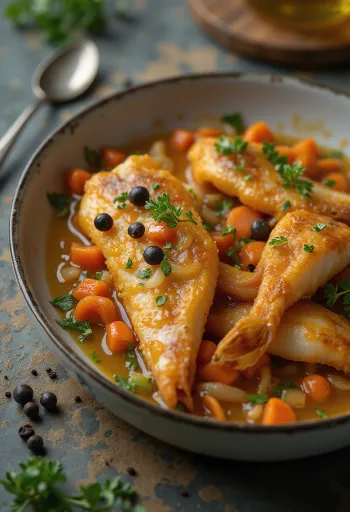 Escabeche kala vihanneksilla tarjoiltuna