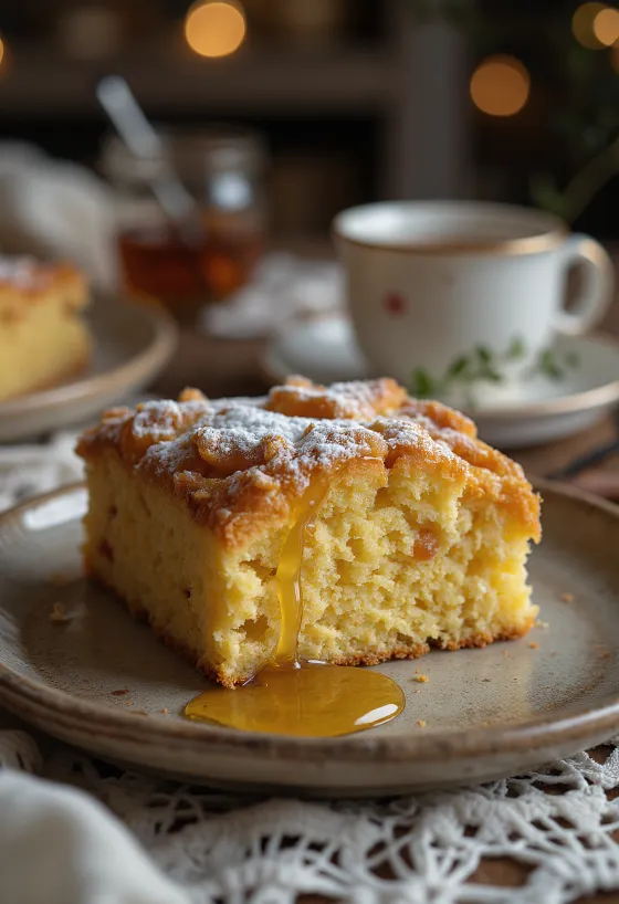 Inkiväärikakku kullanruskealla, murealla pinnalla, tomusokerilla koristeltuna.