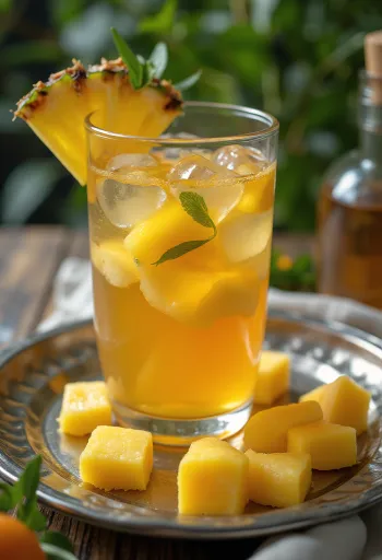 Trooppinen hedelmätee lasissa tarjoiltuna