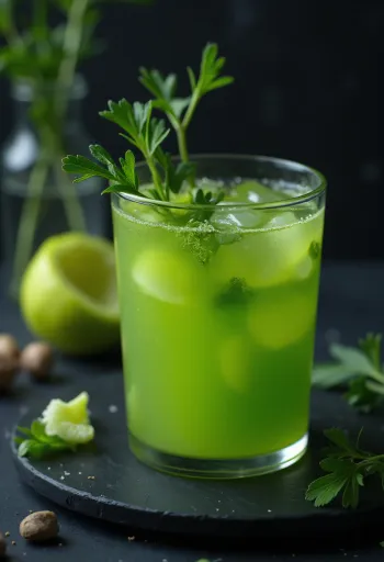 Sellerimehu korkeassa lasissa, tuoreilla sellerinvarsilla ja hedelmillä koristeltuna