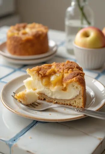 Omena-kaneli-rahkakakku omenalla ja kanelilla koristeltuna