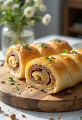 Kullanruskeaksi paistettu lihakäärö, tarjoiltuna tuoreiden vihannesten ja kastikkeen kera.