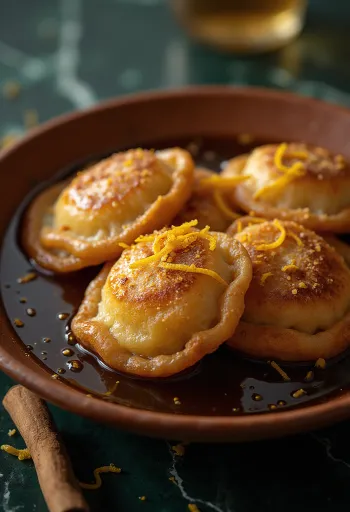 Chileläinen Sopaipilla pasadas tarjoiltuna kanelin, sokerin ja hunajan kera