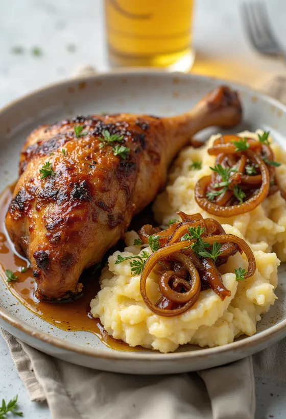 Paistettua ankkaa ja sipuli-perunamuusia tarjoiltuna