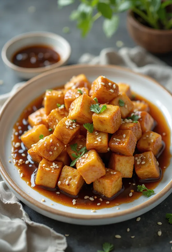 Paistettu tofu valkosipulikastikkeella