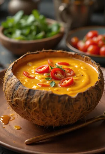 Mausteinen chili-kookosmaitokastike kulhossa, tuoreella korianterilla ja chiliviipaleilla.