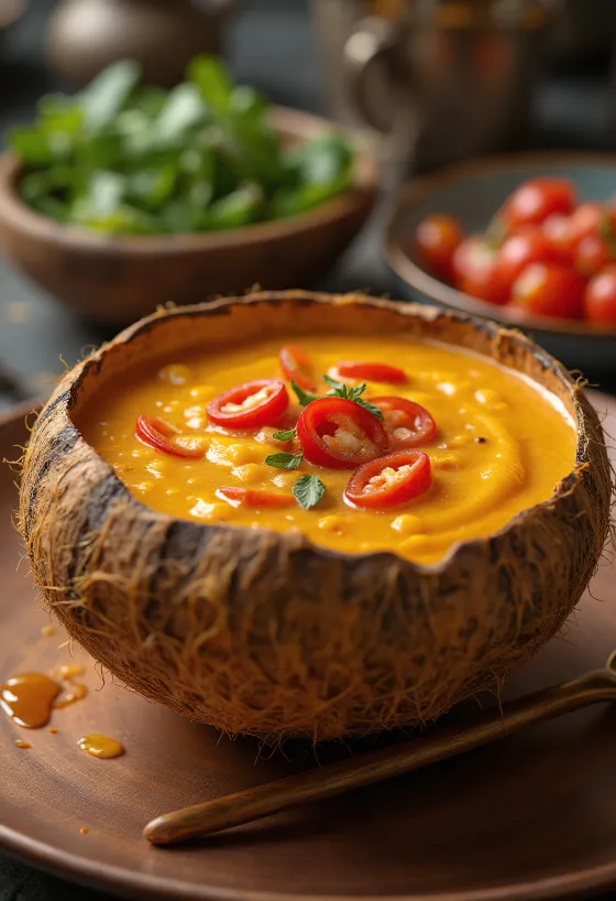 Mausteinen chili-kookosmaitokastike kulhossa, tuoreella korianterilla ja chiliviipaleilla.