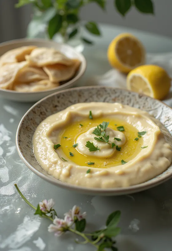 Tahini-sitruunakastike tarjoiltuna pitan ja grillattujen vihannesten kera
