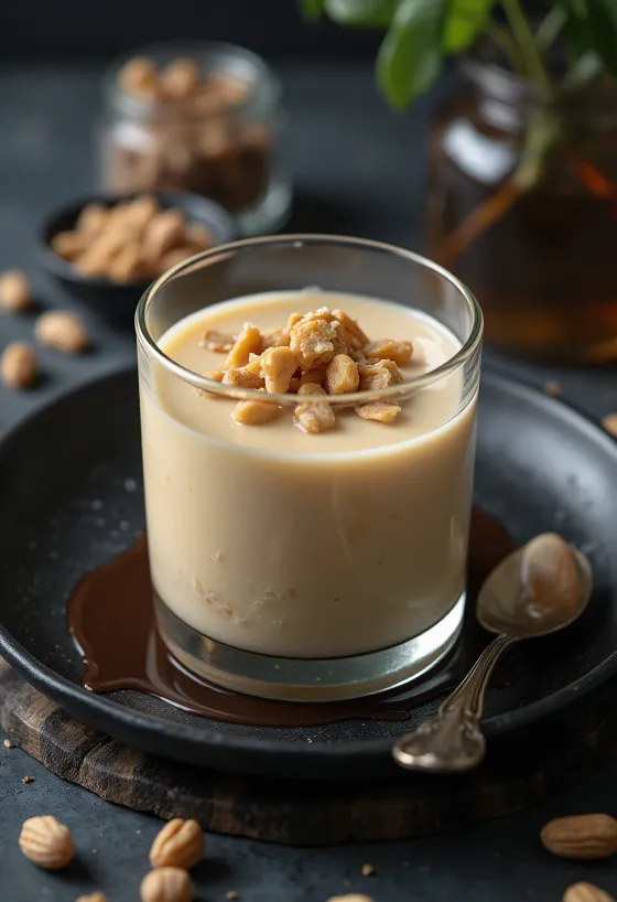 Maapähkinävoi-pannacotta tarjoiltuna