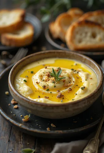 Munakoisotahna pehmeällä ja kermaisella koostumuksella, tuoreilla yrteillä ja oliiviöljyllä tarjoiltuna