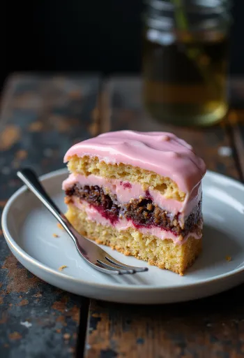 Värikäs punssileivos vaaleanpunaisella kuorrutteella ja pehmeillä kakkukerroksilla.