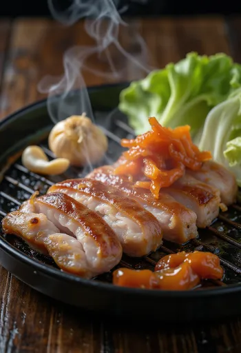 Samgyeopsal tarjoiltuna salaatinlehtien ja kimchin kera
