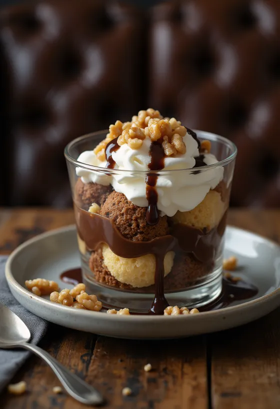 Somlói galuska pehmeällä sokerikakkupohjalla, vaniljakreemillä ja suklaakastikkeella kerrostettuna