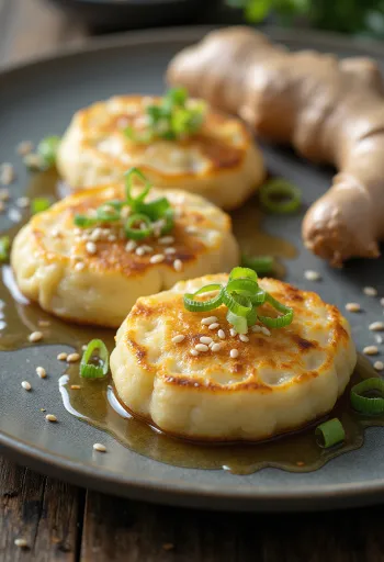 Tofupannukakku soijakastikkeella ja seesaminsiemenillä tarjoiltuna