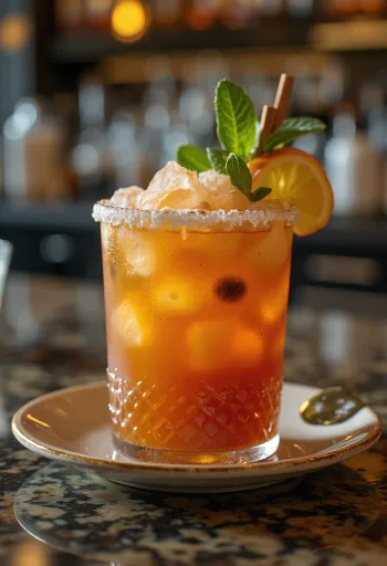 Zombie-cocktail mintunlehdellä ja appelsiiniviipaleella koristeltuna