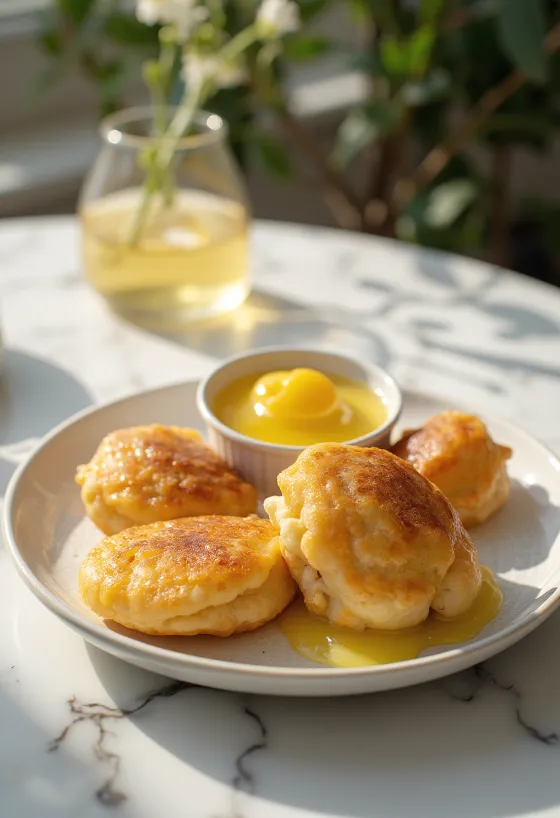 Æbleskiver sitruunakreemillä, tuoreita ja pulleita palloja, koristeltu sitruunakastikkeella