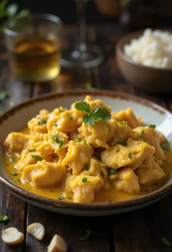 Ají de Gallina valkosipulilla, mehukkaalla broilerinlihalla ja täyteläisellä kastikkeella tarjoiltuna.