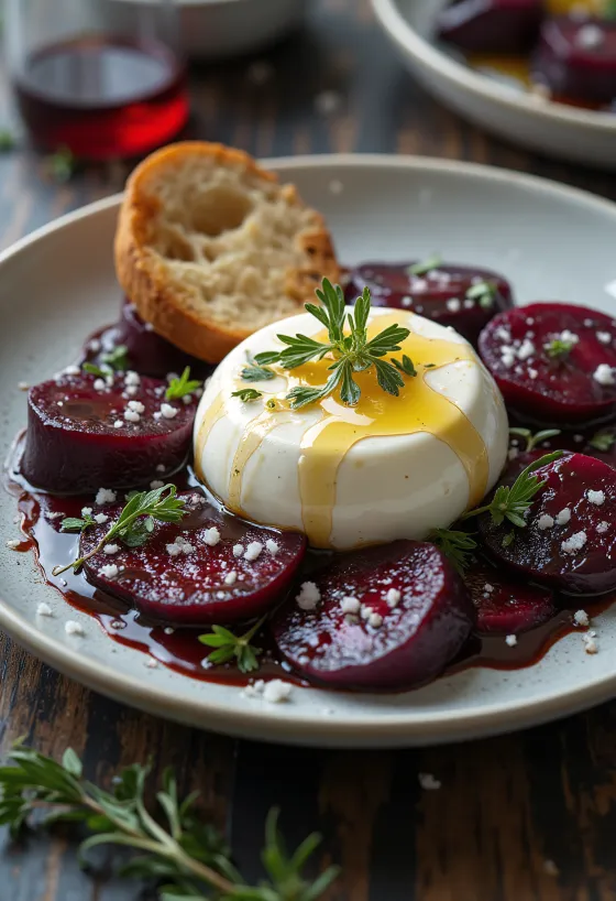 Burrata ja paahdetut punajuuret, tarjoiltuna tuoreen persiljan, oliiviöljyn ja balsamiviinietikan kanssa