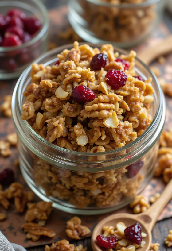 Kotitekoinen granola rapeilla kaurahiutaleilla, pähkinöillä ja kuivatuilla hedelmillä
