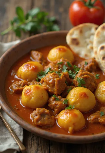 Litti mausteisella muhennoksella, tarjoiltuna mannaryynipalloilla ja mausteisella muhennoksella