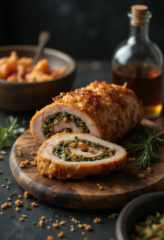 Sardinialainen Porchetta, italialainen perinteinen porsaanliha rapealla nahalla