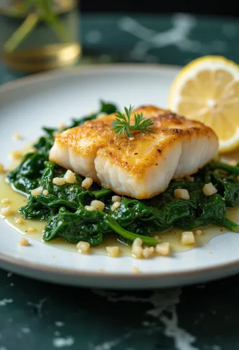 Paistettu kala valkosipuli-pinaattilisäkkeellä