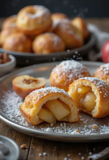Æbleskiver omena-kanelitytteellä, kullanruskeaksi paistettuna, tomusokerilla ripoteltuna