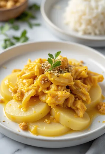 Ají de gallina ilman kananmunaa, kermainen keltainen kastike kanalla, riisillä ja perunalla tarjoiltuna