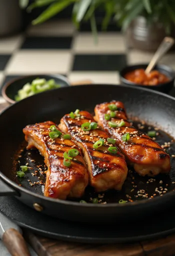 Kimchi's Galbi paistettuja naudanlihaviipaleita, koristeltu kevätsipulilla ja seesaminsiemenillä