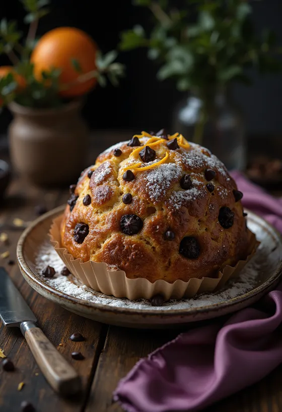 Panettone suklaalla, tarjoiltuna kauniilla lautasella