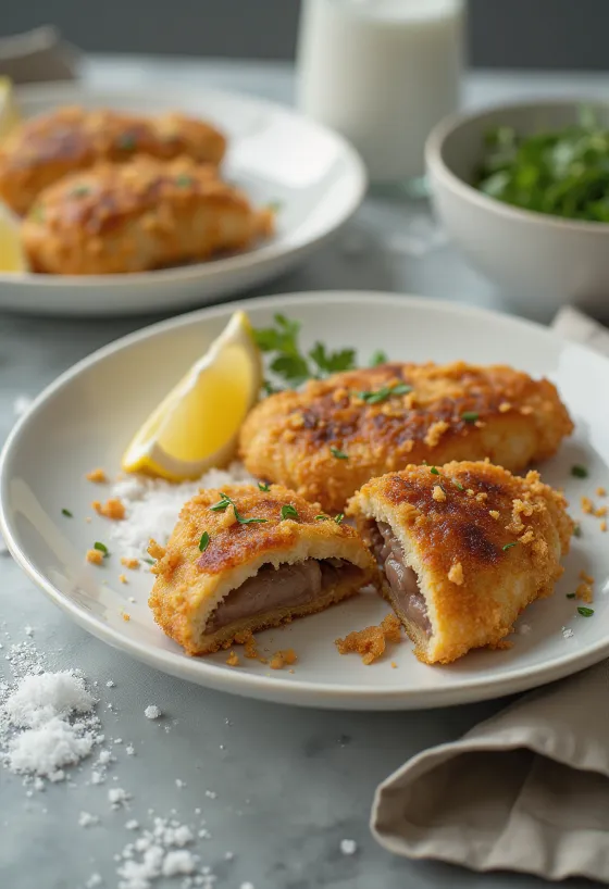 Rapea leivitetty porsaanmaksa kullanruskeaksi paistettuna, raikkaan salaatin kera tarjoiltuna.