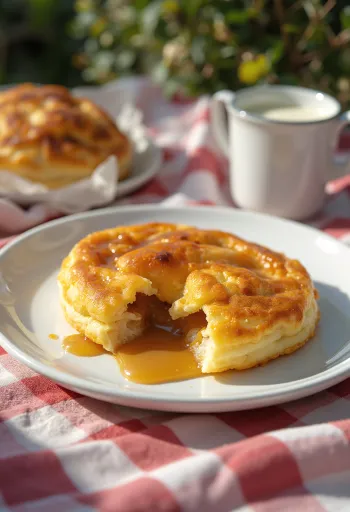 Karamellikreemillä täytetty æbleskiver kullanruskeaksi paistettuna, tomusokerilla ripoteltuna