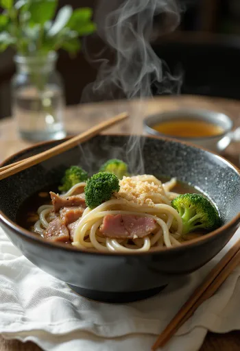 Beef udon tuoreena tarjoiltuna, rikkaassa soijakastikkeessa paistetulla naudanlihalla, vihanneksilla ja kananmunalla