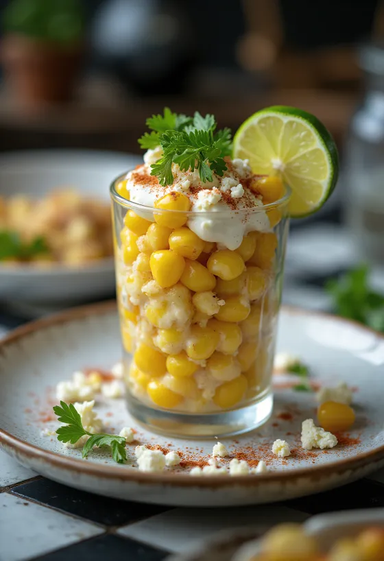 Grillattu Esquites, paahdettua maissia fetajuustolla ja smetanalla, tuoreella korianterilla koristeltuna