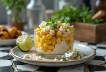 Grillattu Esquites, paahdettua maissia fetajuustolla ja smetanalla, tuoreella korianterilla koristeltuna