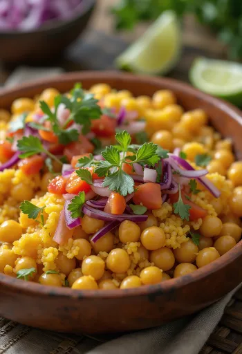 Ghugni mausteisilla raaoilla kasviksilla tarjoiltuna tuoreen korianterin kera