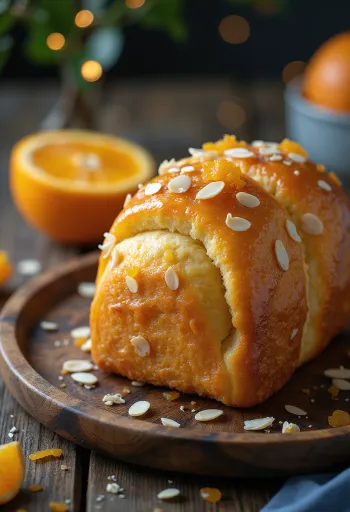 Panettone appelsiininkuorella, manteleilla koristeltuna