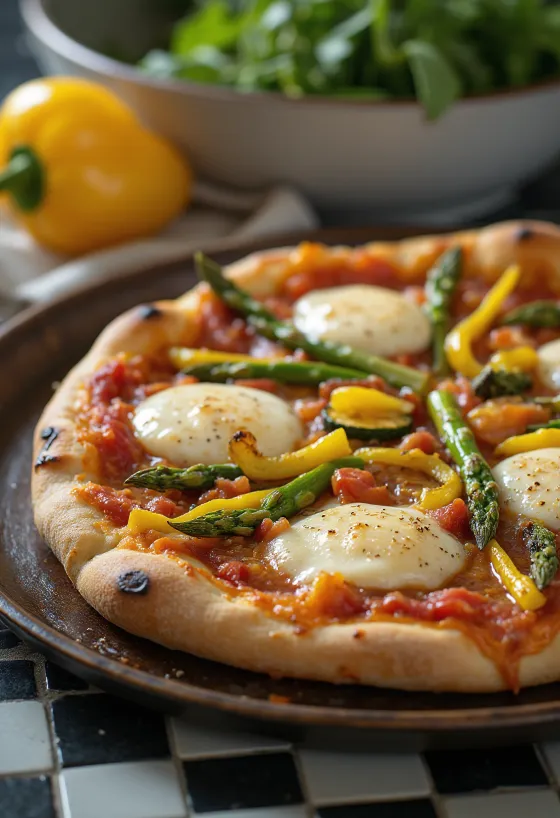 Pizza Primavera kevätvihanneksilla ja basilikalla