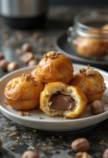 Nutellalla täytetty æbleskiver kullanruskeaksi paistettuna, tomusokerilla ripoteltuna