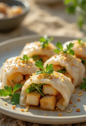 Bánh cuốn tofulla, koristeltu tuoreella korianterilla